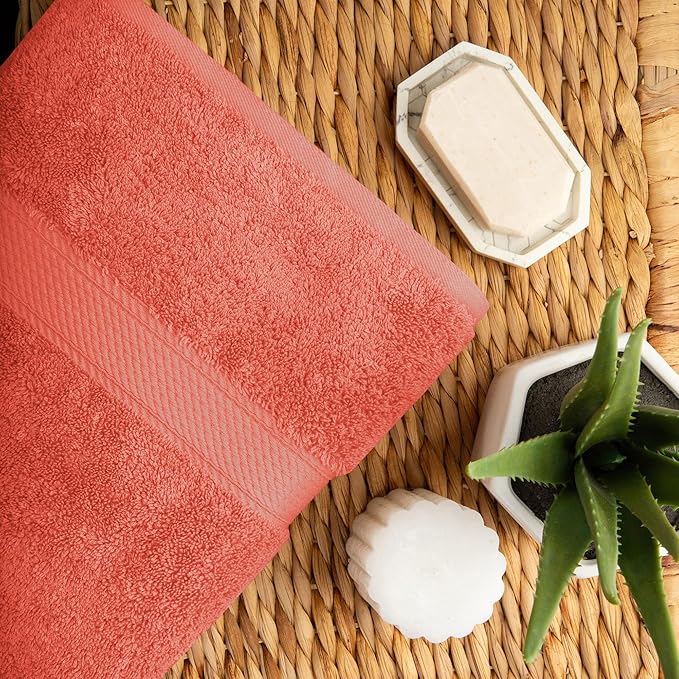 Superior Egyptian Cotton Pile Bath Towel Set of 2, Ultra Soft Luxury Towels, Thick Plush Essentials, Absorbent Heavyweight, Guest Bath, Hotel, Spa, Home Bathroom, Shower Basics, Coral