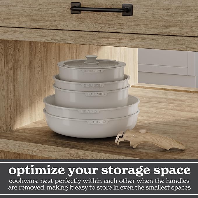 Country Kitchen Cookware Set with Removable Handle, Oven & RV Safe Pots and Pans Set, Cream Gold Speckle Wood Handle, Original