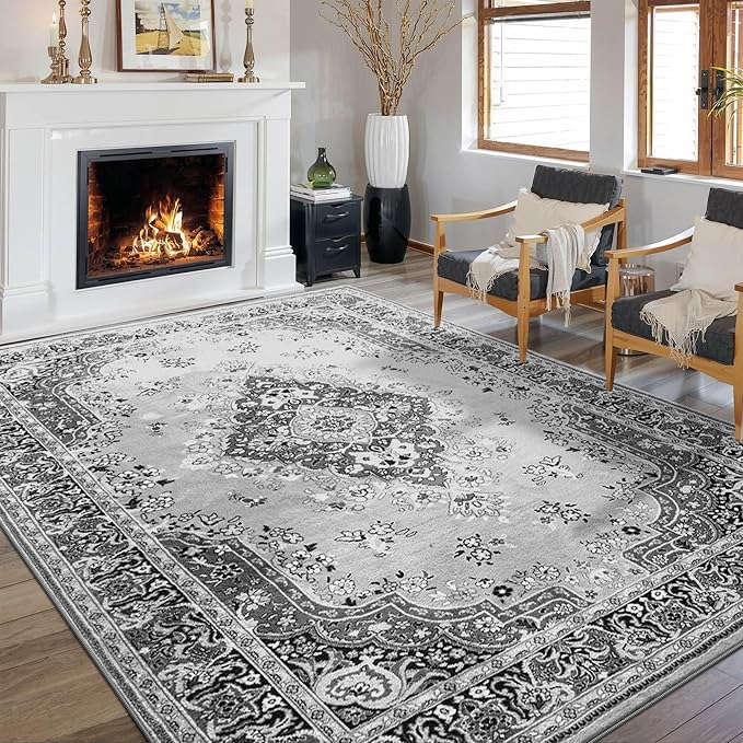 Living Room Rug 6x9 Rug, Machine Washable Area Rug Non Slip Low Pile Rug for Living Room, Bedroom, Farmhouse, Dining Room, Grey