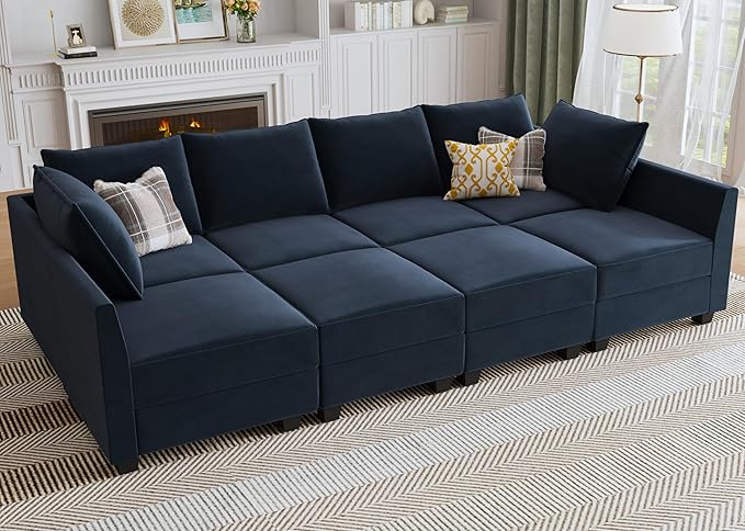 HONBAY Modular Sectional Sleeper Sofa Velvet Sleeper Couch with Storage Seats Oversized Sectional for Living Room,Dark Blue