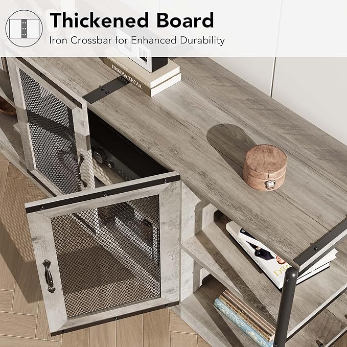 CABIHOME Farmhouse TV Stand for 75/80 inches TVs, Entertainment Center with Storage Cabinet and Mesh Doors, Industrial Media Console Cabinet Table, Living Room Media Furniture, Light Grey