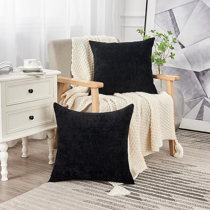 GAWAMAY Decorative Throw Pillow Covers 16x16 Inch Set of 2, Super Soft Chenille Pillows Farmhouse Fall Square Pillowcase for Living Room Bedroom Sofa Couch Cushion Cover Black 40x40cm (No Insert)