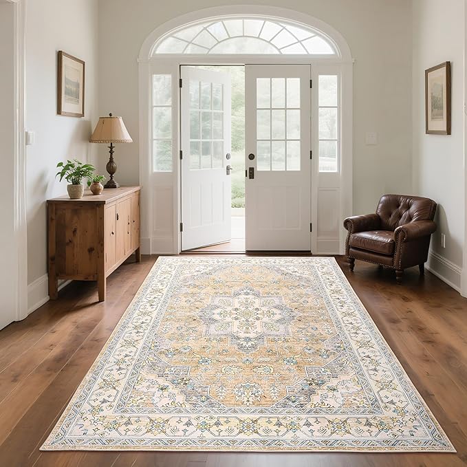 Vintage Area Rug 5x7 Rugs, Machine Washable Rug Non-Slip Low Pile Rug for Living Room, Bedroom, Farmhouse, Dining Room, Beige