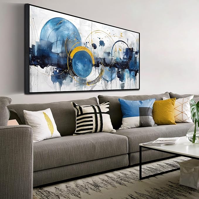 Blue Abstract Canvas Wall Art Bedroom - Office Artwork Wall Decor - Large Framed Wall Art for Living Room Ready to Hang Size 29" x 59"