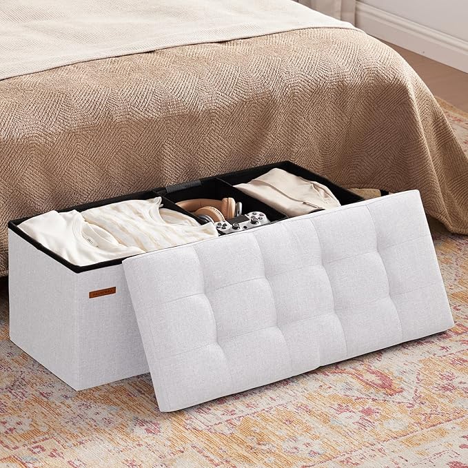 HAUSFRAU 31.5 Inches Ottoman with Storage Bench, Folding Ottoman Bench Small Foot Rest Stool, Bedroom Bench with Flipping Lid, Linen White