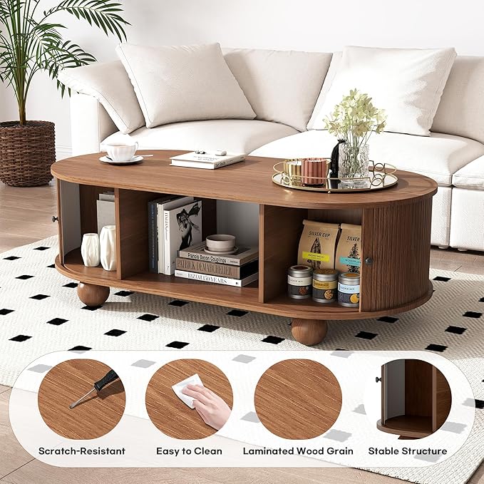 Oval Coffee Table with Storage, 47.3" Mid Century Modern Coffee Tables with Sliding Tambour Doors, Wood Fluted Accent Center Table for Living Room, Dining Room, Home Office, Walnut