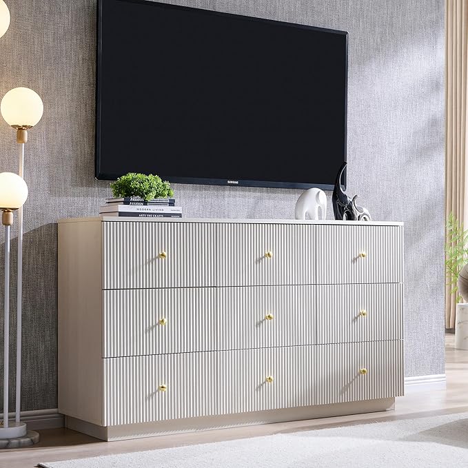 Fluted Dresser for bedroom, 55"W White 9 Drawer Dressers, Wood Tall Dresser Storage Organizer, Modern Bedroom Chest of Drawers with Deep Storage for Closet Hallway, Entryway, Living Room White