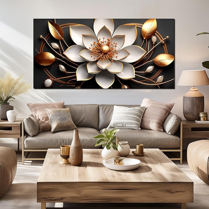 Large Artwork Canvas Wall Art for Living Room Office Room Bedroom Decor Wall Painting White and Gold Flowers Picture Modern Decorative Painting with Frame Ready to Hang Canvas Decor Size 30x60