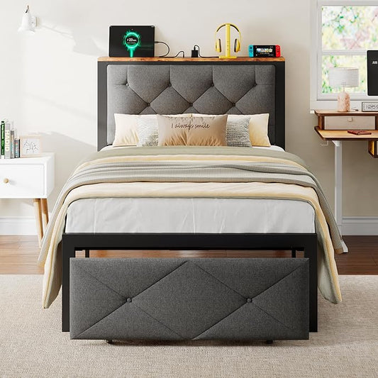iPormis Twin Bed Frame with Storage Drawers, Linen Upholstered Headboard Platform Bed with Charging Station, No Box Spring Needed, Metal Slats Support, Noise-Free, Easy Assembly, Grey
