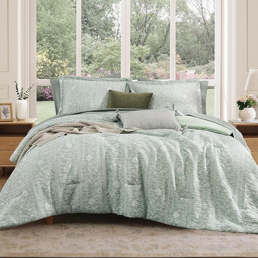 Queen Comforter Set -7 Pieces Green Floral Comforter Set for All Seasons, Bed in a Bag Queen with Botanical Flowers Comforter, Sheets, Pillowcases & Shams
