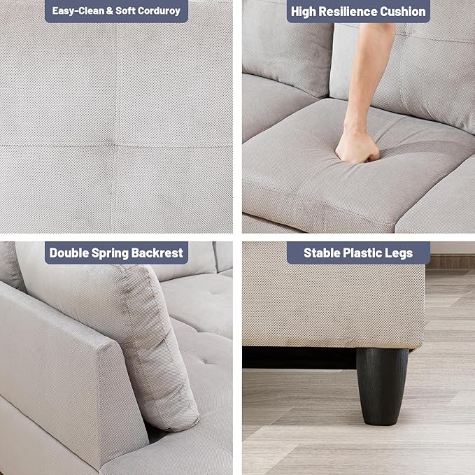 L-Shape 3-Piece Cloud Sofa, Couch for Living Room, Grey White Corduroy Fabric L-Shape with Reversible Chaise & Storage Ottoman, Ergonomic 110–115° Recline, Solid-Wood Frame