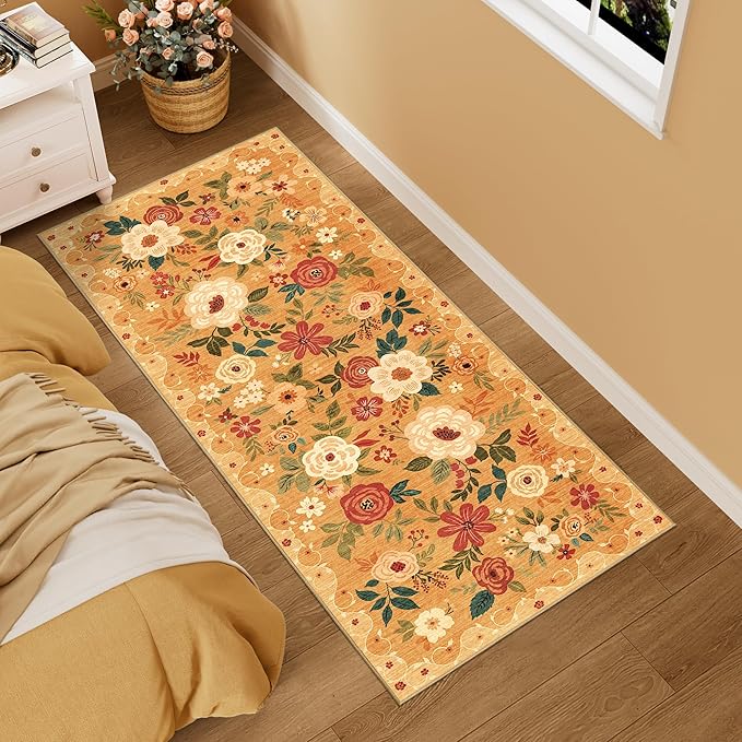 DUKINO 2x5 Runner Rug for Hallway, Washable Kitchen Floral Runner Rug with Non Slip Backing, Low Pile Soft Boho Carpet for Kitchen, Hallway, Entryway, Laundry, Bedroom, Orange