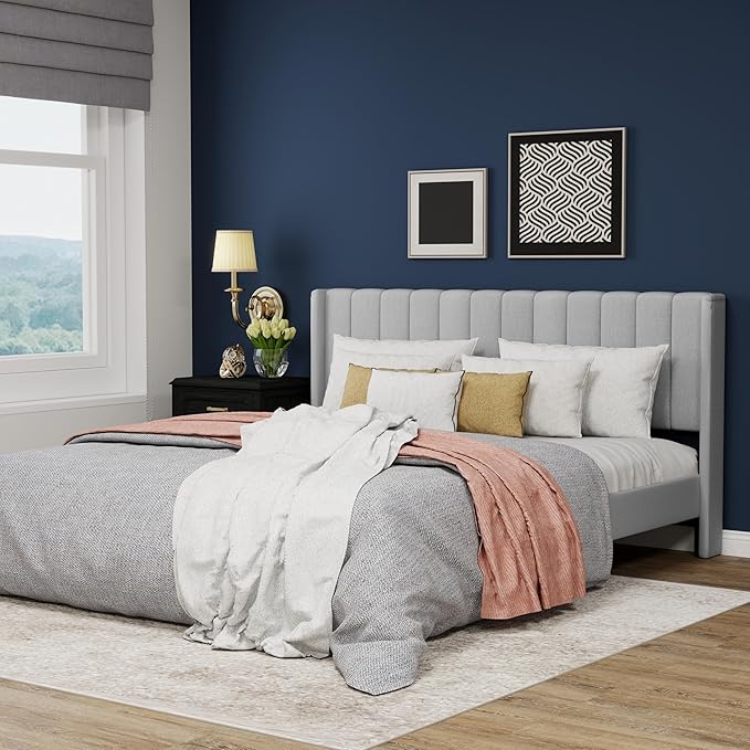 Upholstered Platform King Size Bed Frame with Headboard Wooden Slats Support No Noise Easy Assembly Light Grey Linen