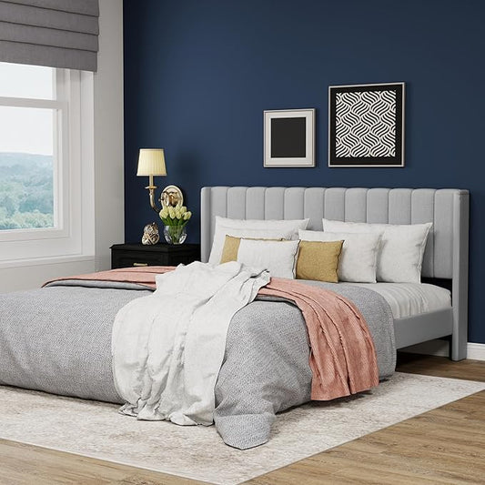 Upholstered Platform King Size Bed Frame with Headboard Wooden Slats Support No Noise Easy Assembly Light Grey Linen