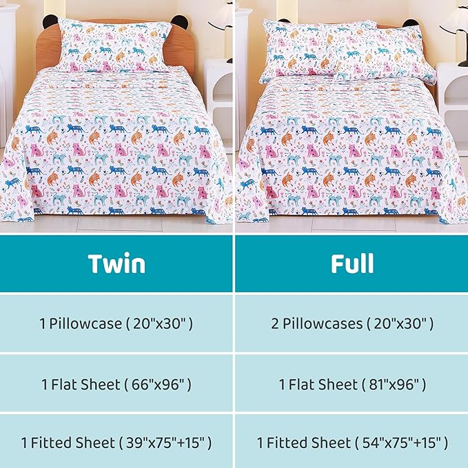 Viviland 3 Pieces Girls Pink Cat Twin Sheet Set - Soft Microfiber Fitted Flat Sheets & Pillowcase - Kids Colorful Floral Leaf Print Bedding Sets - for Kids & Toddlers