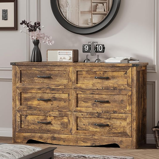 Dresser for Bedroom with 6 Drawers, 48" Wide Wood Chest of Drawers with Deep Drawers & Mental Handle, Modern Dresser TV Stand, Wooden Closet Storage Organizer for Living Room, Hallway, Entryway, Brown