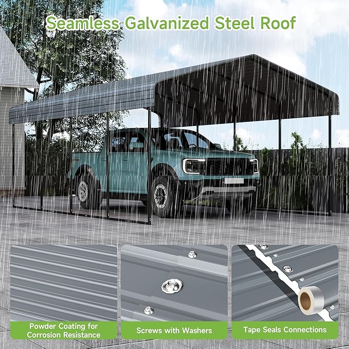 Real Relax 12x20FT Heavy Duty Metal Carport, Outdoor Carport Canopy with Galvanized Steel Roof and Reinforced Base for All-Weather, Garage Shelter Shade for Trucks, Boats, Party, Gray