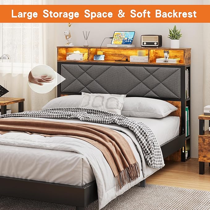 Full Size Headboard, Bed Headboard with Wood Bookcase, Charging Station, LED Light, Adjustable Height, Headboards Queen with Storage, Linen, Rustic Brown and Black