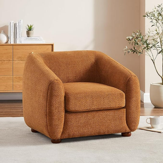 Modern Accent Chair for Living Room, Upholstered Armchair with Boucle Fabric, Single Sofa Chair with Solid Wood Legs, Boucle, Curry