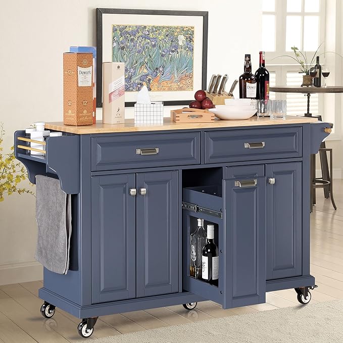 Rolling Solid Wood Kitchen Island with Rubberwood Top, 3 Drawers, 2 Cabinets, Adjustable Shelves, Spice Rack & Locking Wheels – Painted Finish, Navy Blue