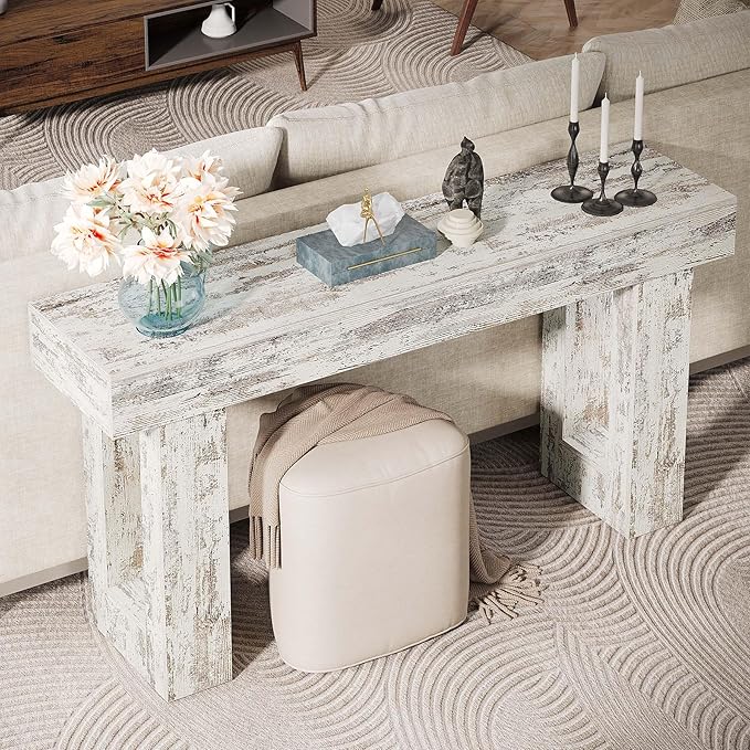 Tribesigns 63-Inch Long Console Table, Wooden Rectangular Sofa Table Behind The Couch, Farmhouse Entryway Table for Entrance, Hallway, Living Room (Distressed White)