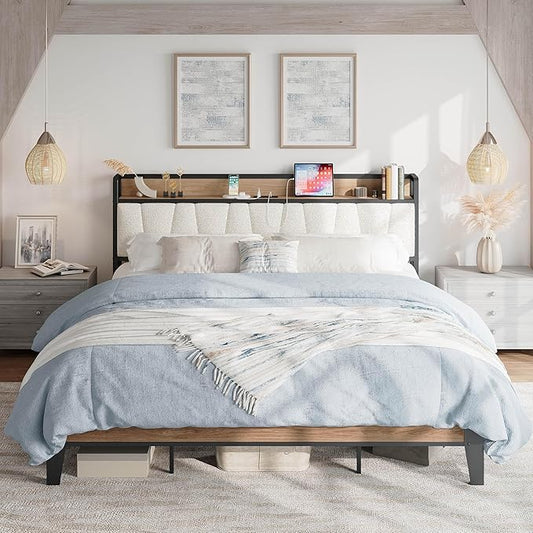 LIKIMIO California King Bed Frames, Storage Headboard with Charging Station, Solid and Stable, Noise Free, No Box Spring Needed, Easy Assembly, Wood and Cream