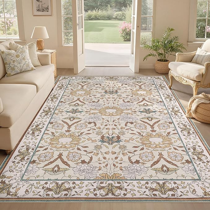Nursery Rug 9x12 for Kids & Girls - Washable Vintage Large Floral Area Rugs - Ultra Thin Stain Resistant Non Slip Carpets for Kids Playroom, Living Room, Bedroom, Dining Room, Office - Floral