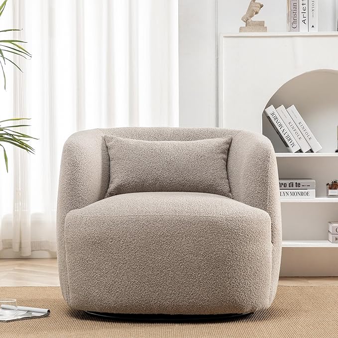 KINWELL 34" Wide Boucle Swivel Barrel Chair, No Assembly Round Upholstered Armchair Accent Chair Single Sofa Chair with Toss Pillow for Living Room and Bedroom, Taupe