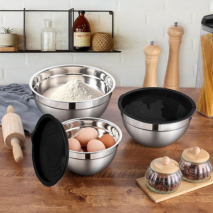 LIANYU Mixing Bowls with Lids Set of 3, Large & Small Stainless Steel Nesting Metal Bowls for Kitchen Storage, Dishwasher Safe, Size 1.5QT & 3QT & 4.6QT, Black