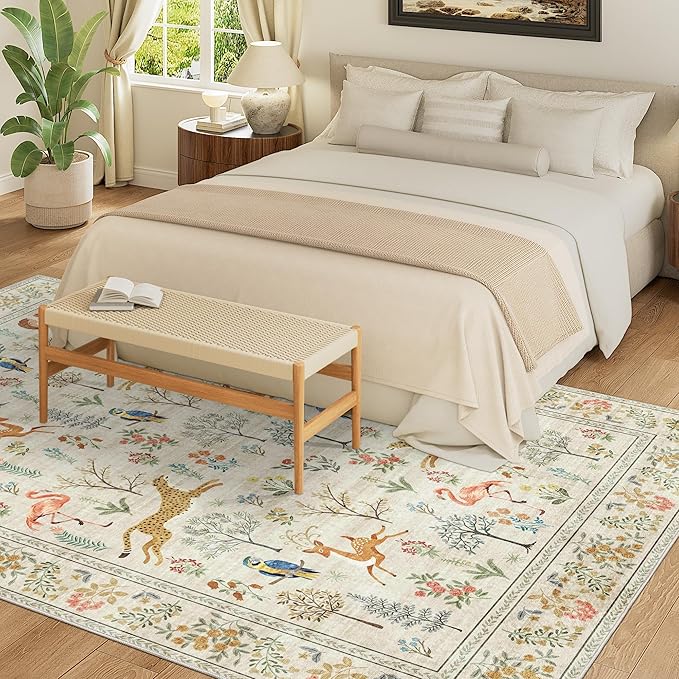 DUKINO 6x9 Rug, Washable Animal Living Room Rug with Non Slip Vintage Design, Soft Low Pile Large Carpet for Bedroom, Nursery, Dining Room, Farmhouse, Playroom, White