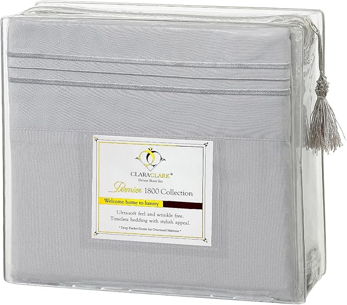 Clara Clark Bed Sheets, Premier 1800 Series 4 Piece Bed Sheet Set, Deep Pocket, Wrinkle, Fade, Stain Resistant, Luxury Soft Bedding Sheets & Pillowcases, California King, Silver Gray