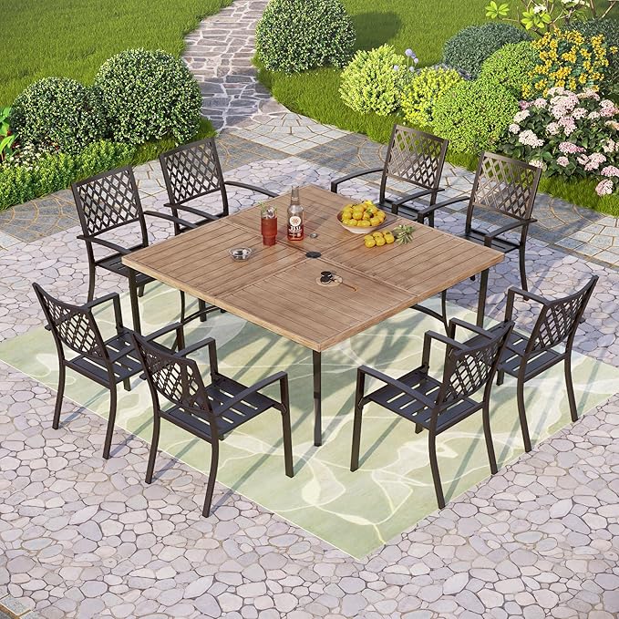 PHI VILLA 9-Piece Outdoor Dining Set, Retangualr Metal Table (60") with Umbrella Hole and 8 Stackable Dining Chairs – Perfect for Patio, Garden, Deck, Porch, and Yard, 9PCS Outdoor Dining Set Style 1