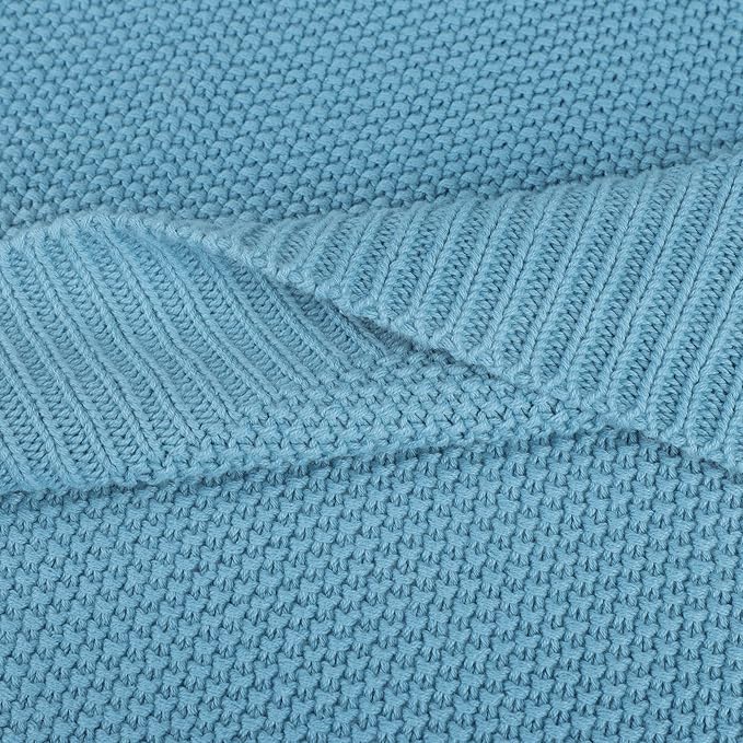 PiccoCasa 100% Cotton Knit Blanket Twin Size,Solid Lightweight Decorative Throws and Blankets,Soft Knitted Throw Blanket for Sofa Couch, Pale Azure 60" x 78"