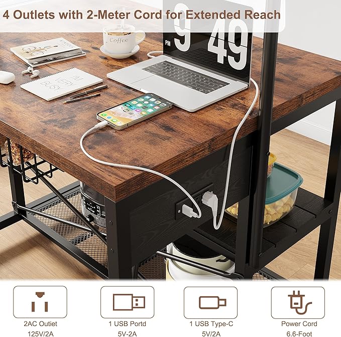 46" Large Kitchen Island Table Baker Rack with Power Outlet and 3-Tier Storage-Microwave Stand Oven Shelf, Metal Coffee Bar Table,Kitchen Storage Shelf for Dining Living Room, 5 Hooks,Vintage