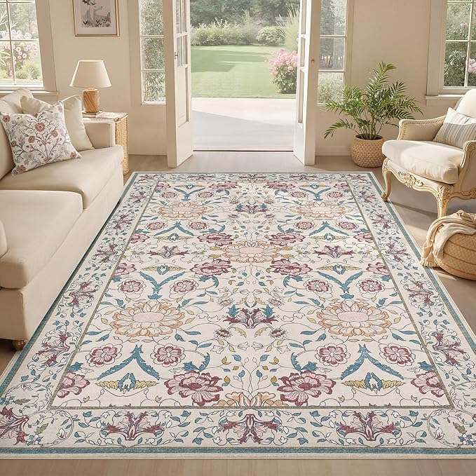 Nursery Rug 10x14 for Kids & Girls - Washable Vintage Large Floral Area Rugs - Ultra Thin Stain Resistant Non Slip Carpets for Kids Playroom, Living Room, Bedroom, Dining Room, Office - Floral Multi
