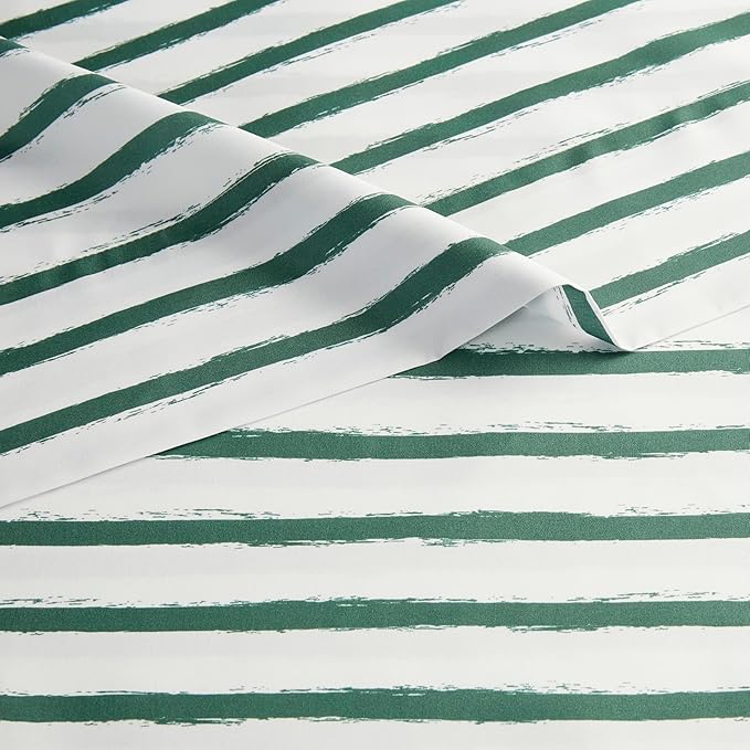 Amazon Basics Microfiber Kids' Sheet Set with Pillowcase, 4 Piece, Green Stripes, Queen