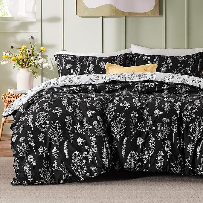 Bedsure Queen Comforter Set - Black Bed Set, 3 Pieces Cute Floral Bedding, 1 Soft Reversible Botanical Flowers Comforter and 2 Pillow Shams