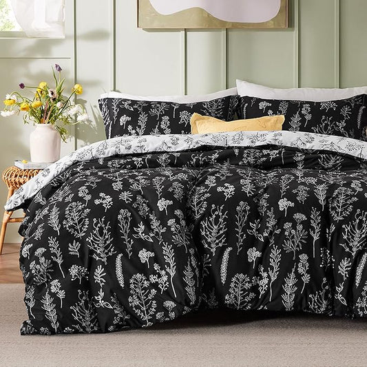 Bedsure King Comforter Set - Black Bed Set, 3 Pieces Cute Floral Bedding, 1 Soft Reversible Botanical Flowers Comforter and 2 Pillow Shams