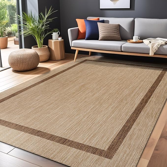 Bordered Outdoor Rug 8x10 Washable Outside Carpet for Indoor Patio Porch Waterproof Easy Cleaning Non Shedding Area Rugs Jute Beige - Nut Brown 8 x 10