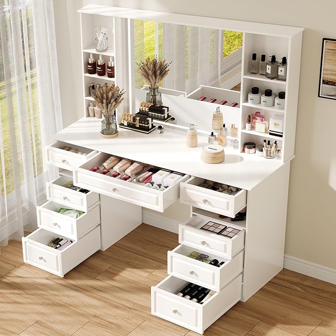 Makeup Vanity Desk with Mirror and Lights, 47" Large Vanity Table with 9 Drawers & 10 Open Storage Shelves, Brightness Adjustable, Dressing Table for Bedroom, Women Girl (White, A Panel)