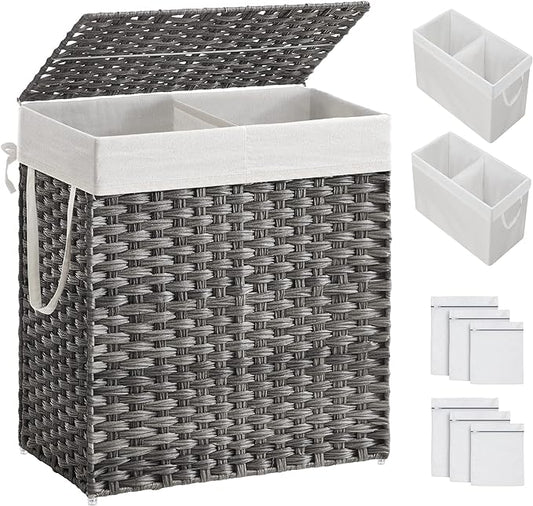 SONGMICS Laundry Hamper with Lid, 110L Clothes Hamper with 2 Removable Liner Bags, 6 Mesh Bags, Wicker Laundry Basket, Double Laundry Hamper for Bathroom, 13 x 22.4 x 23.6 Inches, Gray ULCB52WG