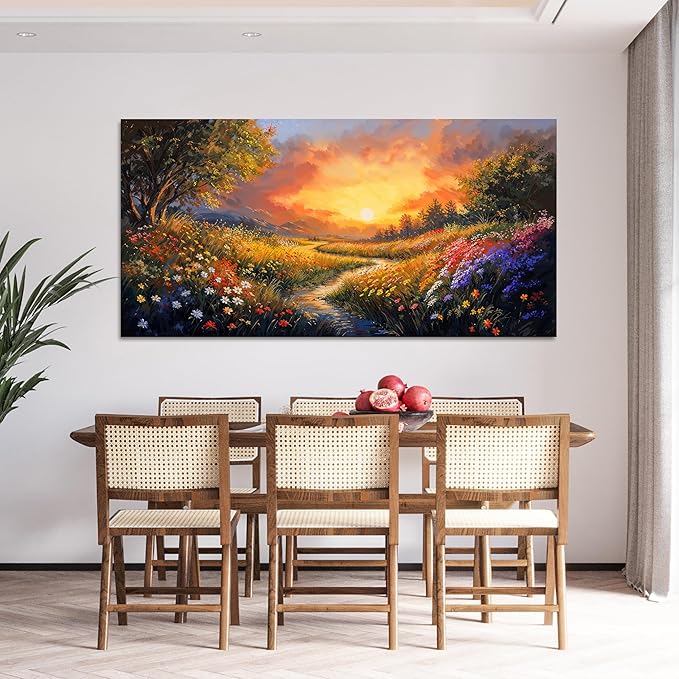 Canvas Wall Art Decor Oversized Wall Art Pictures for Living Room Large Vintage Landscape Wall Art Prints Canvas Art Wall Decor Wildflower River Artwork for Walls Bedroom Home Wall Art Decor 29" X 58"