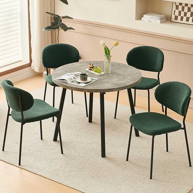5-Pieces Kitchen Dining Table Set for 4, Grey Round Table MDF with 4 Metal Hooks for Hanging, Modern Dining Room Table Set with 4 Seated Green Boucle Dining Chairs for Dining Room, Cafe