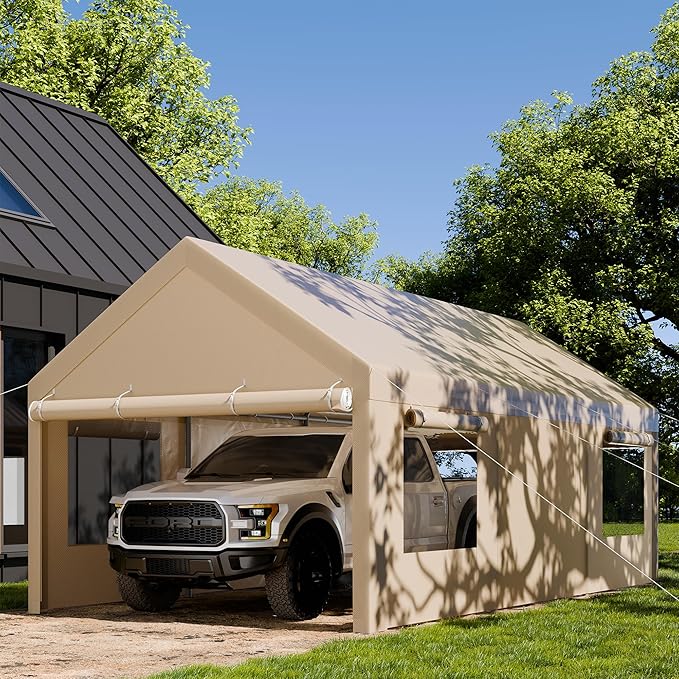 JAMFLY Carport, 10x20 ft Heavy Duty Carport with Roll-up Windows, Portable Garage with Removable Sidewalls & Doors, Car Canopy with Sandbags and All-Season Tarp for Car Boat Truck Motorcycle, Khaki