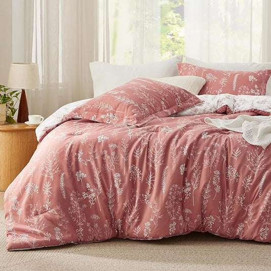 Bedsure Full Comforter Set - Grayish Pink Bed Set, 3 Pieces Cute Floral Bedding, 1 Soft Reversible Botanical Flowers Comforter and 2 Pillow Shams