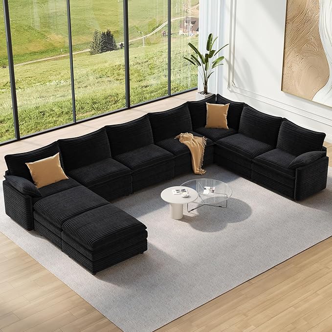 Vesgantti Large Modular Sectional Sofa, Big Comfy Cloud Couch with Ottoman Deep Seat Corduroy Cloud Sofa, 9 Seater Large Sectional Couches for Living Room, Bedroom and Apartment, Black