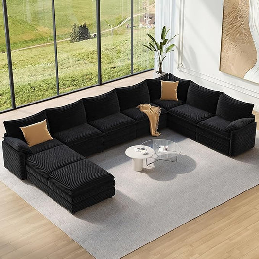 Vesgantti Large Modular Sectional Sofa, Big Comfy Cloud Couch with Ottoman Deep Seat Corduroy Cloud Sofa, 9 Seater Large Sectional Couches for Living Room, Bedroom and Apartment, Black