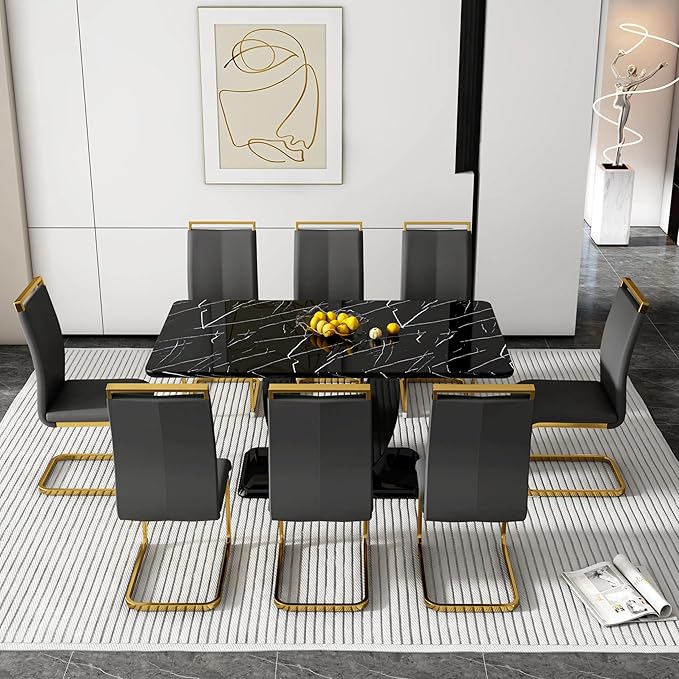 Dining Table Set for 8, Kitchen Table Chairs Set of 8, Modern Dining Room Set with 71 inch Marble Dinner Table PU Leather Upholstered Chairs for Dining Room Kitchen