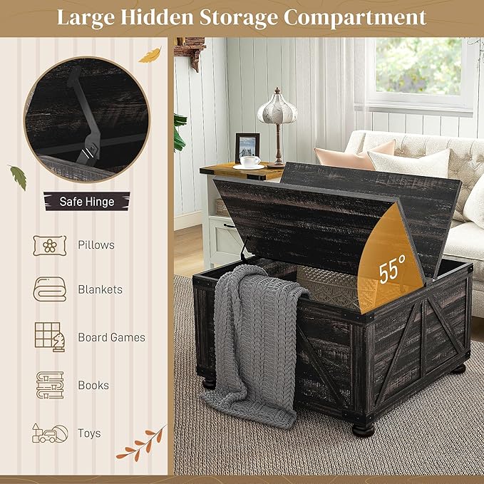HOMCOM Farmhouse Coffee Table, 31.5" Square Coffee Table with Storage, Living Room Center Table with Hinged Flip Lift Top and Hidden Space, Distressed Brown