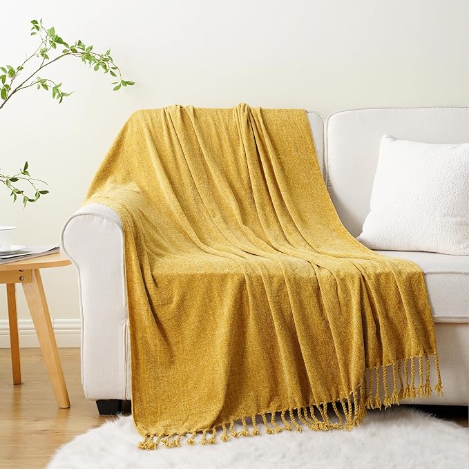 BATTILO HOME Mustard Yellow Throw Blanket for Couch Bed Sofa, Yellow Gold Chenille Throw for Spring Summer, Lightweight Knit Blanket for Home Decor, 50"x60"